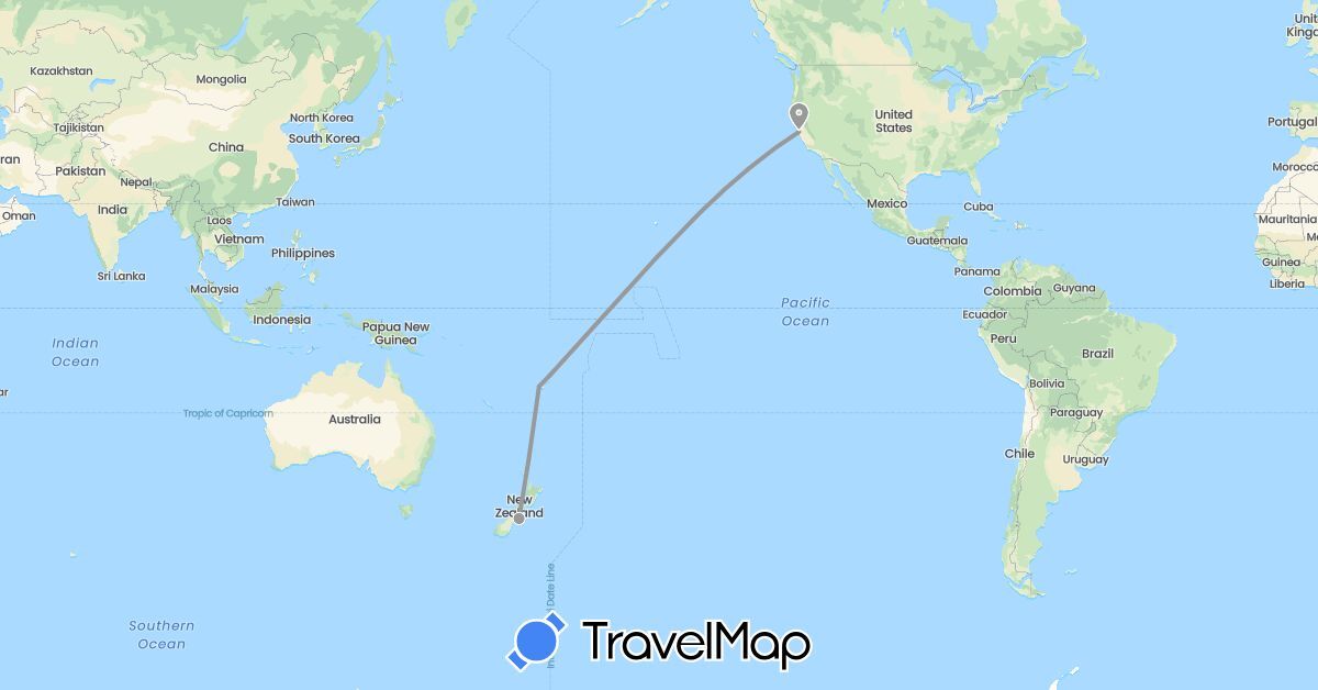 TravelMap itinerary: driving, plane in Fiji, New Zealand, United States (North America, Oceania)